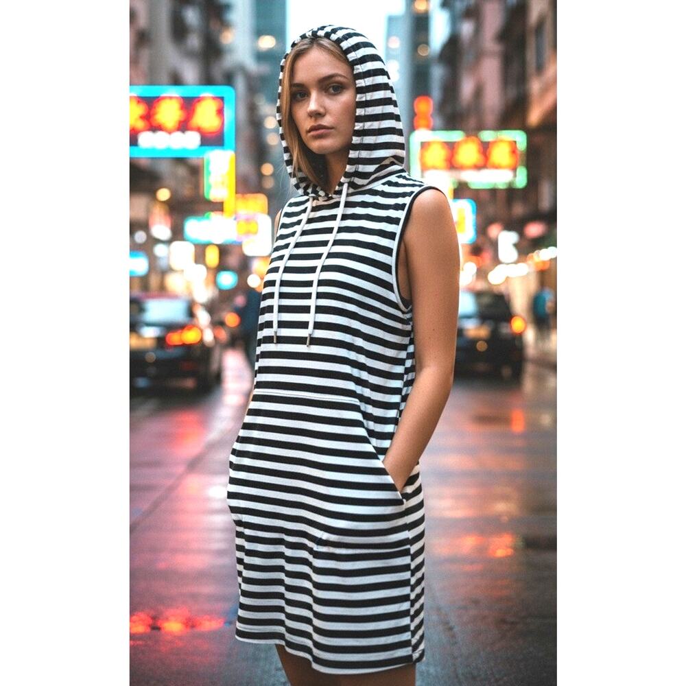 Sleeveless Striped Hoodie Mini Dress Grunge Goth Punk Club Black White Pocket M